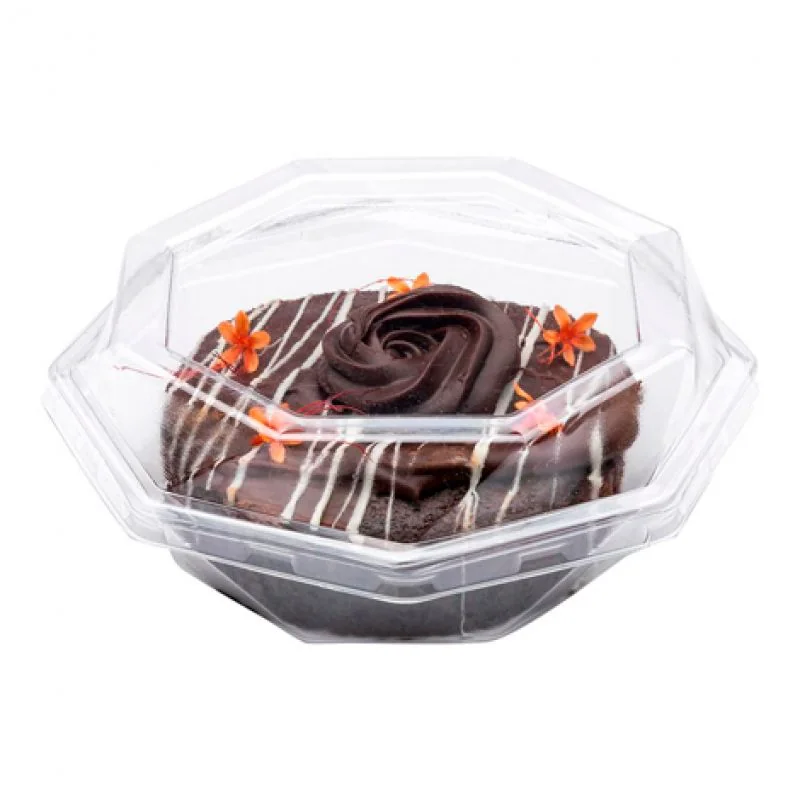 Embalagem plástica transparente redonda com um bolo de chocolate dentro